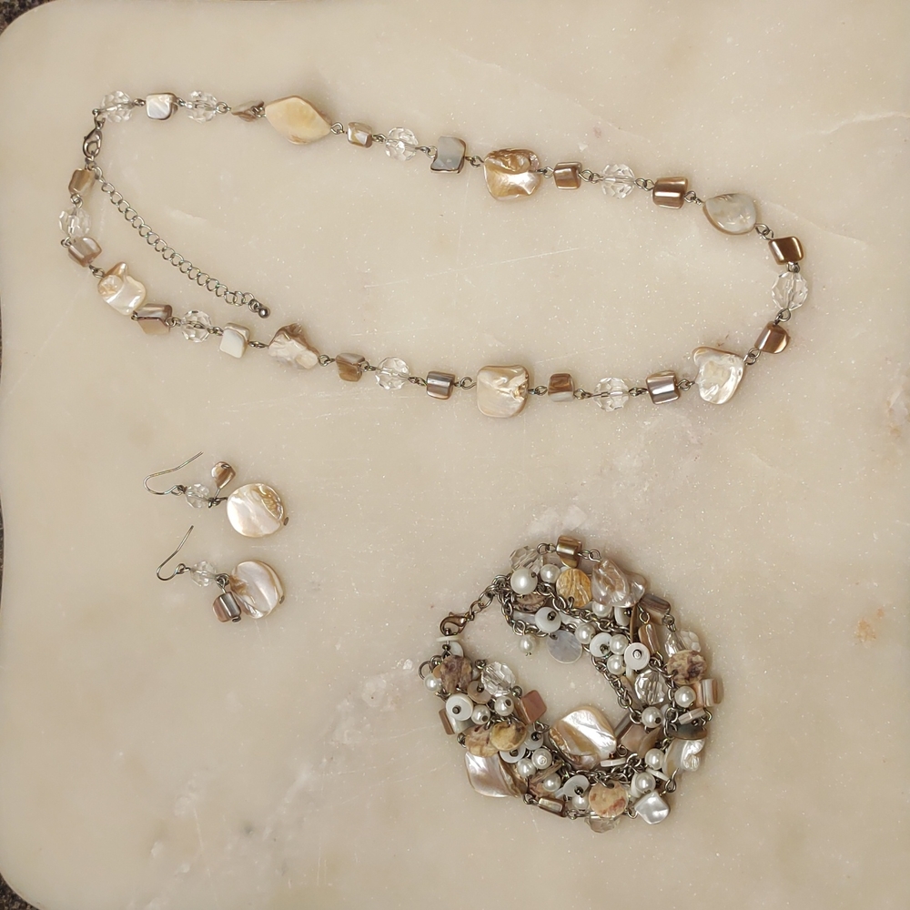 BOGO! 3PC SET Chunky Mother of Pearl/Opal Disc Dangle Earrings Bracelet Necklace